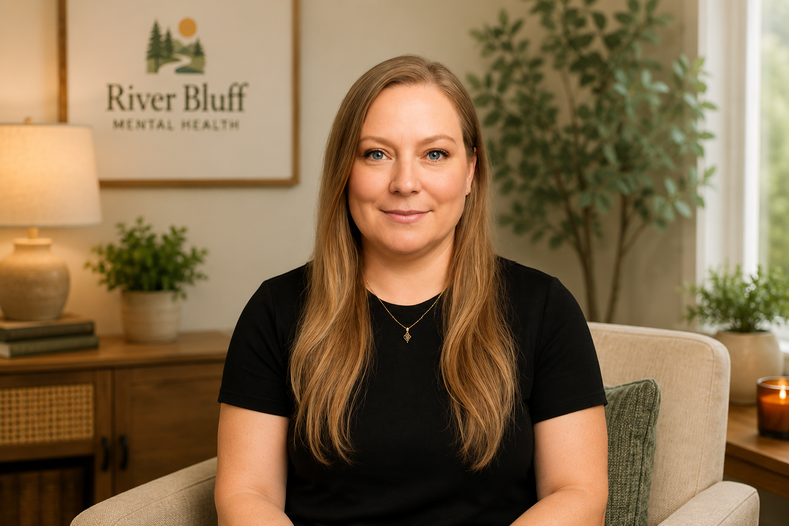 A quiet corner of the River Bluff office: a soft armchair and ottoman beside a sunlit window