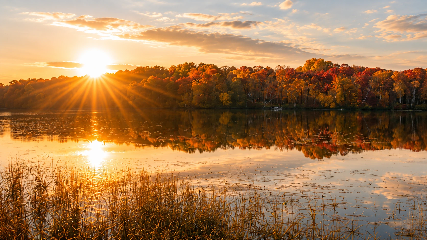 The sun setting over a still Minnesota lake, autumn woods along the far shore