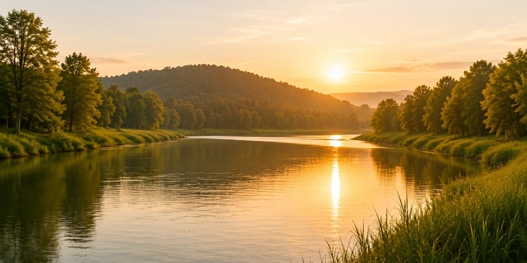 A calm river at sunset, wooded bluffs rising along its banks